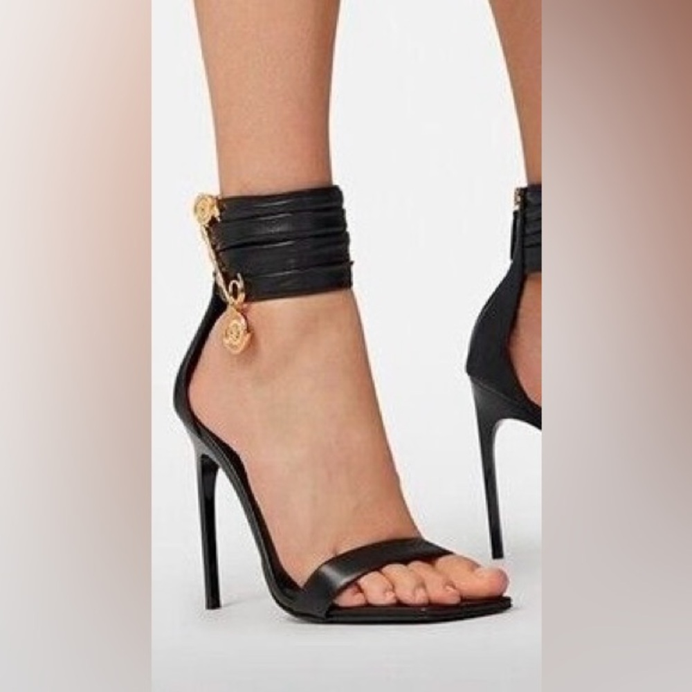 VERSACE bLack lamb leather sandals safety pin 36